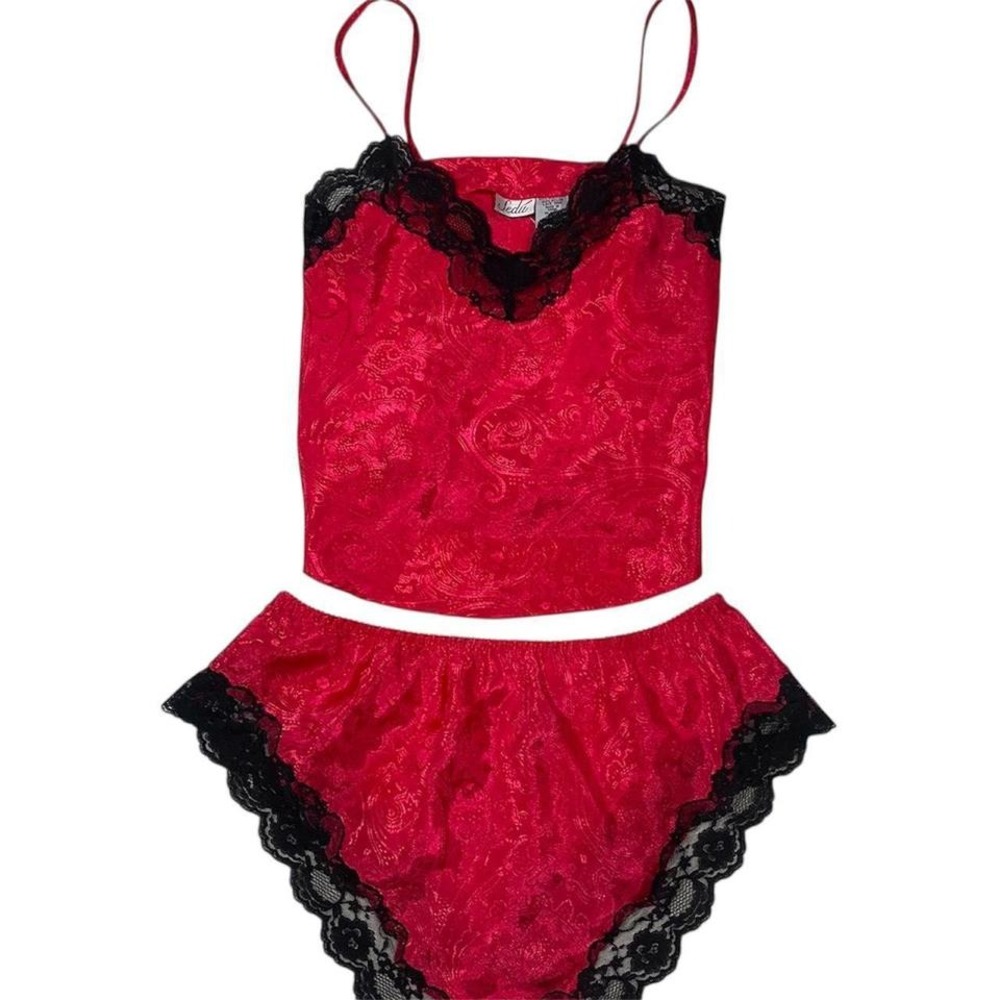 Vintage Hot Pink Lace Trimmed Pajama Set Sexy Camisole Shorts Womens Romantic S